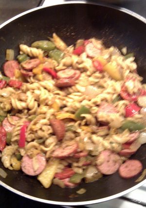 A picture of "V" smoked sausage pasta..