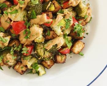 Without Fail Serving Recipe Crispy baked tofu with roasted vegetables and peanut butter sauce Delicious and Healthy