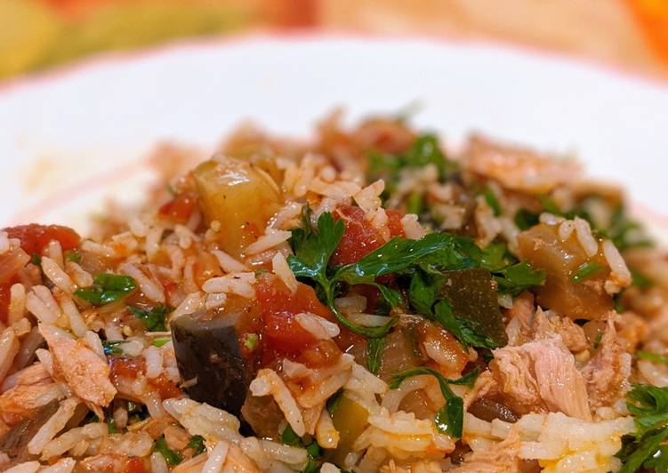 Pisto con arroz basmati y atún