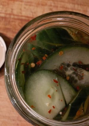 A picture of Make your own picked cucumber with pickle jar brine.