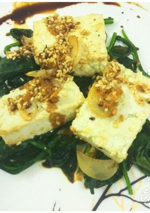 A picture of Toffu with grilled spinach.