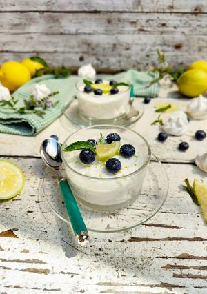 A picture of Semifreddo with Meringue, Elderflower Syrup, and Lemon.