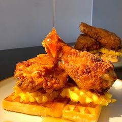 A picture of Fried chicken and waffles.