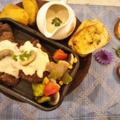 A picture of Beef Steak with Creamy Mushroom Sauce.