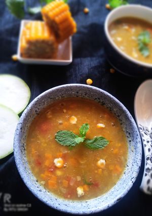 A picture of Bottle Gourd Corn Soup.
