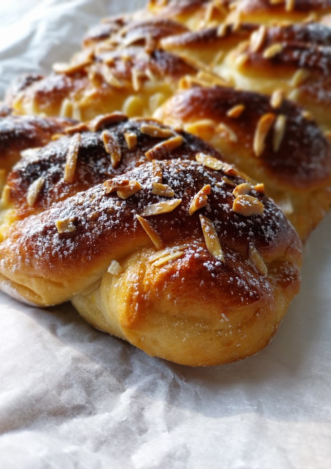 Una foto de Coca trenza de yogurt con crema de limón y almendras