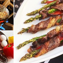 A picture of Wagyu Beef-Wrapped Asparagus with Roasted Red Pepper Aioli.