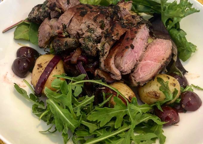 Easiest Way to Prepare Perfect Herby Lamb Leg Steak with Homemade Cherry and Potato Salad