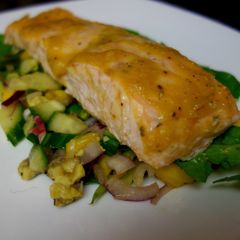 A picture of Baked salmon with mango sauce.