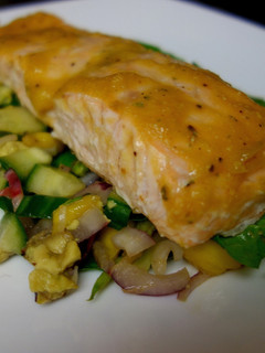 A picture of Baked salmon with mango sauce.