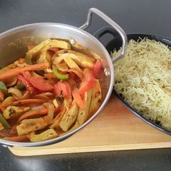 A picture of Paneer Jalfrezi with Jeera Rice.