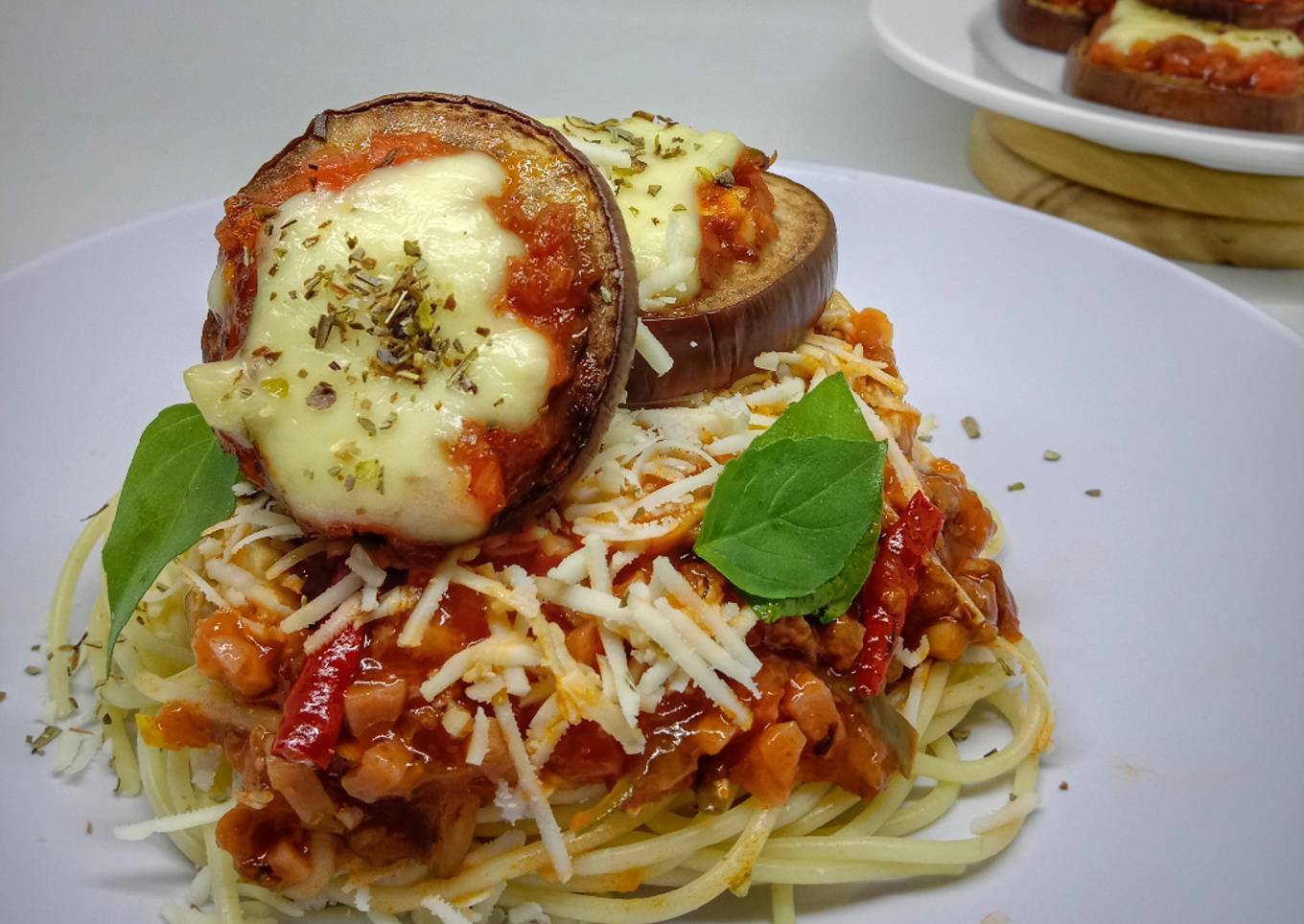 Spaghetti Bolognese with Mushroom and Baked Eggplant