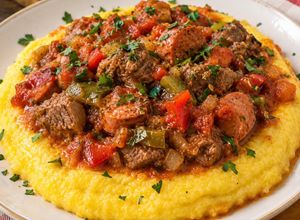 Una foto de 🥩 Salsa de carne en cubos y salchicha con polenta cremosa
