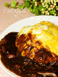 A picture of Cheese Omelet Rice with Leftover Beef Stew.