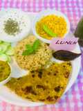 Veg Brown Rice,bottle gourd sabji,dry urad dal,mint Raita,multigrain dal parantha,green vegjuice