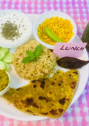 A picture of Veg Brown Rice,bottle gourd sabji,dry urad dal,mint Raita,multigrain dal parantha,green vegjuice.