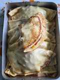 Mes crêpes aux choux-fleurs, dés de poulet, saucisses, oignon, poivrons et échalote