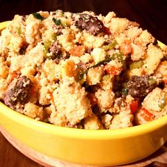 A picture of Cornbread Stuffing with Wagyu Cajun Sausage.