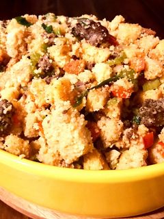A picture of Cornbread Stuffing with Wagyu Cajun Sausage.