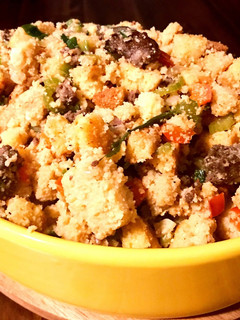 A picture of Cornbread Stuffing with Wagyu Cajun Sausage.