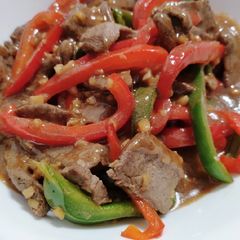 A picture of Beef and peppers.