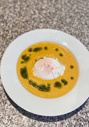 A picture of Asian style butternut squash and sesame oil soup.