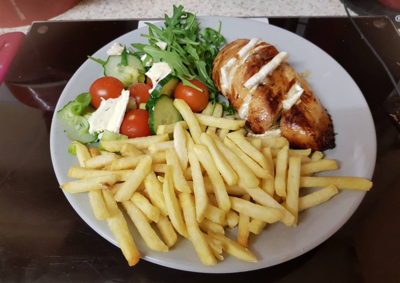 My Roast Breast of Chicken with Melted brié. With Chips & Salad