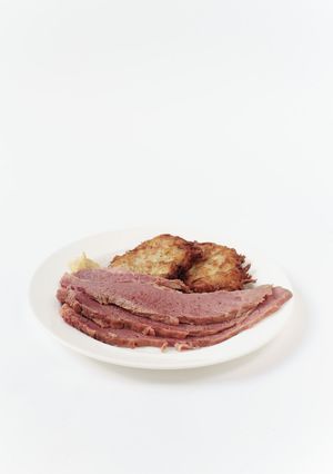 A picture of Salt Beef and Potato Latkes.