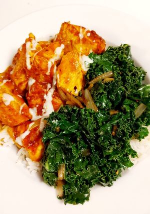 A picture of Butter Chicken With Rice And Kale.