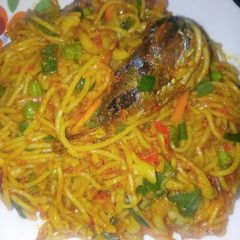 A picture of Spaghetti surprise and Fried fish.