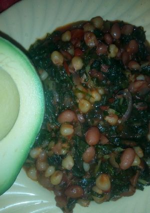 A picture of Githeri mixed with greens.