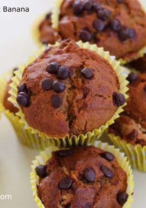 A picture of Eggless Whole Wheat Banana Chocochip Muffin.
