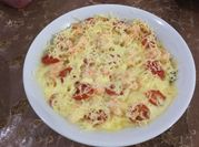 A picture of spaghetti with boiled eggs