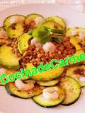 Lentejas con carpaccio de calabacín gambitas y aguacate