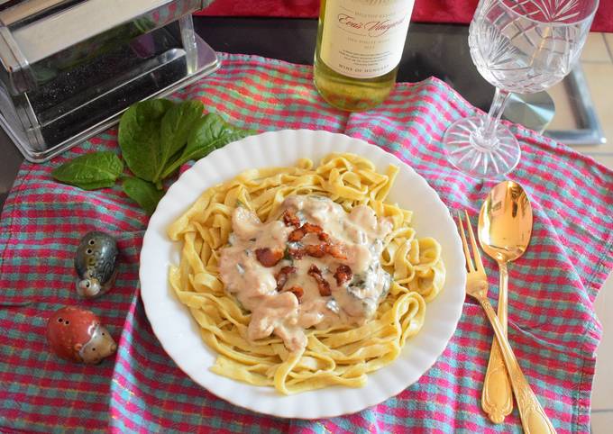 Turkey strips with mushroom and spinach in creamy sauce on a bed of homemade Tagliatelle