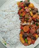 Fried Plantain with Gizzards and Chicken Franks Sauce