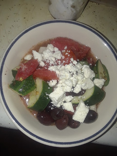 A picture of Summer Tomato, Cucumber, Onion, Garlic, Greek Dressed Feta Salad.