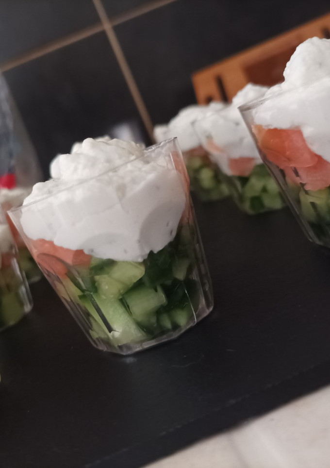A picture of Cucumber, Smoked Salmon, and Goat Cheese Whipped Cream Verrines.
