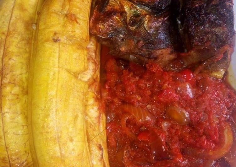 Grilled plantain with titus fish and pepper sauce