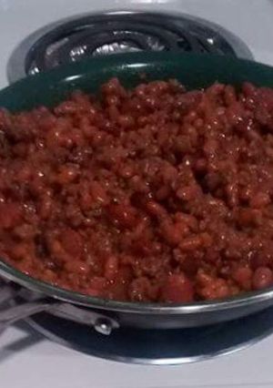 A picture of I like making 1 pot meals and my version of beanie weenie.