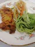 Roasted Chicken Thigh with Green Spaghetti and Sautéed Vegetables