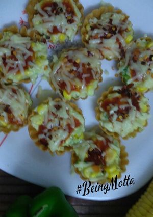 A picture of Corn capsicum cheese tarts.