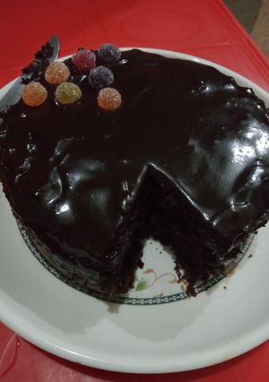 A picture of 3 ingredient cake in sauce..with potatoes triangles full meal.