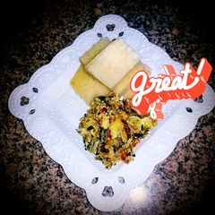 A picture of Yam and moringa egg sauce.