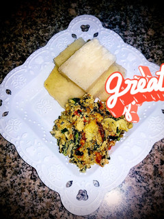 A picture of Yam and moringa egg sauce.