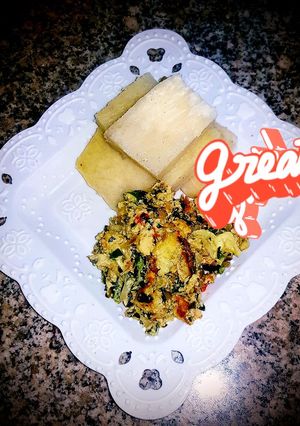 A picture of Yam and moringa egg sauce.