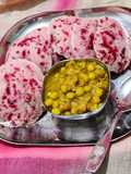 Pink beet idlis and ghuguni