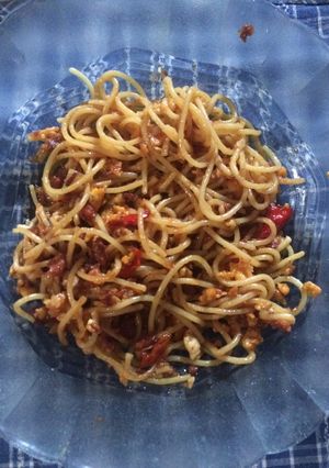 Foto resep Spagetti Goreng Kornet dan Telur Orak Arik