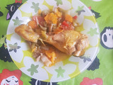 Muslitos de pollo con salsa de setas con verduras