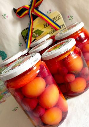 O poză a rețetei Compot din caise, cireșe, mentă și portocală.